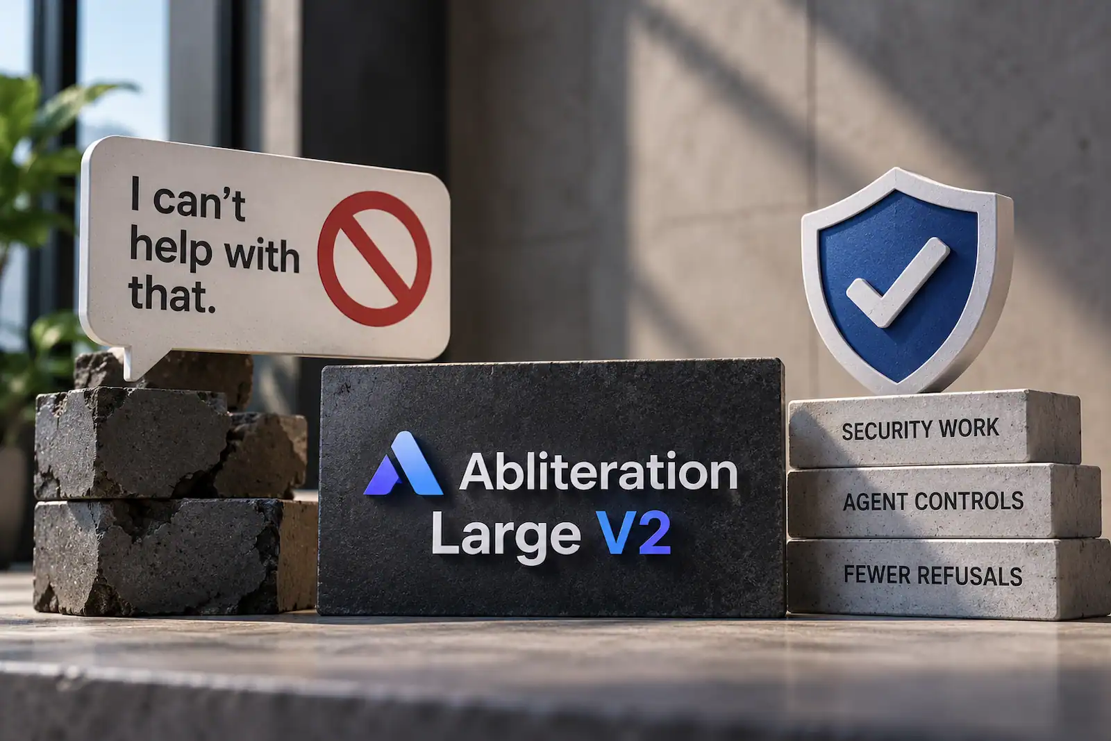 An Abliteration Large V2 sign beside a refusal message and a shield above blocks labeled security work, agent controls, and fewer refusals.