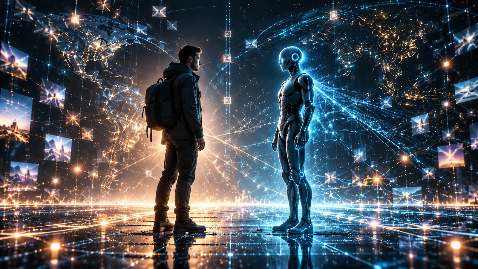 A person and a humanoid robot facing each other amid glowing digital networks.
