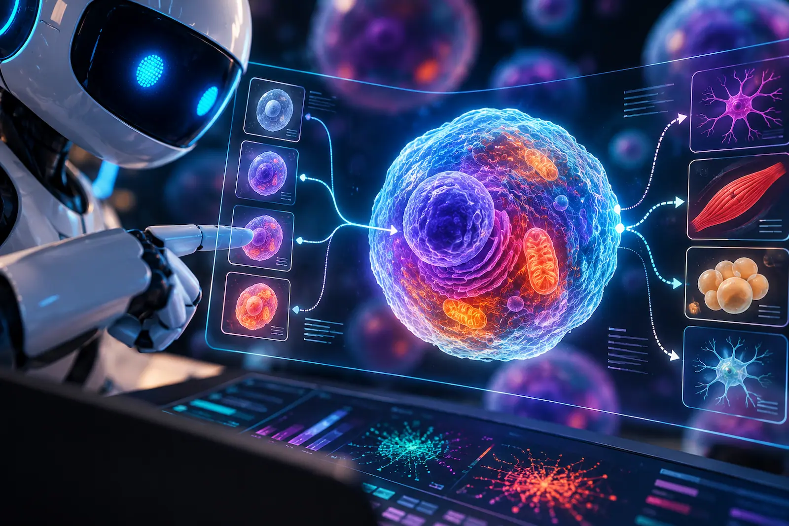 A robot examining a digital cell diagram connected to different cell and tissue types.