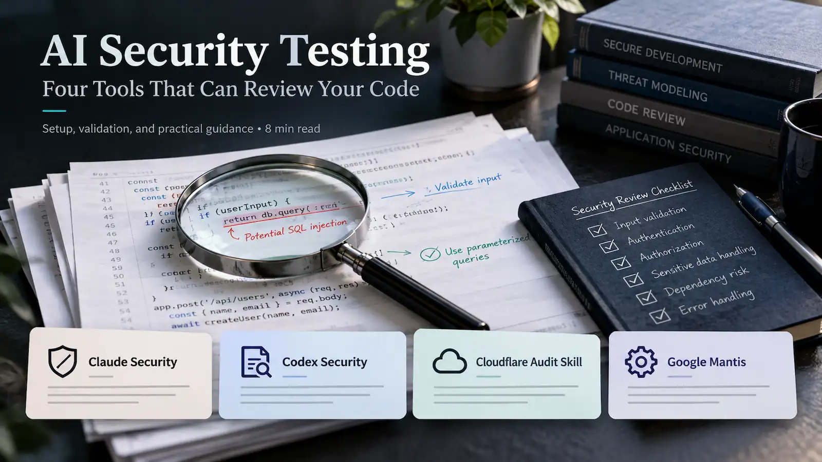A magnifying glass over code and a security review checklist, with cards for Claude Security, Codex Security, Cloudflare Audit Skill, and Google Mantis.