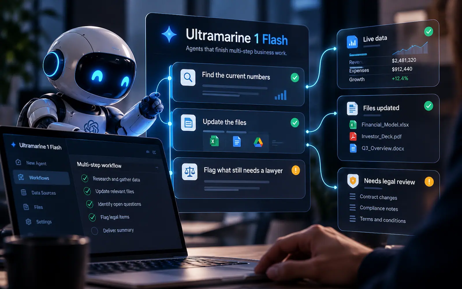 A robot beside Ultramarine 1 Flash workflow panels for live data, file updates, and legal review.