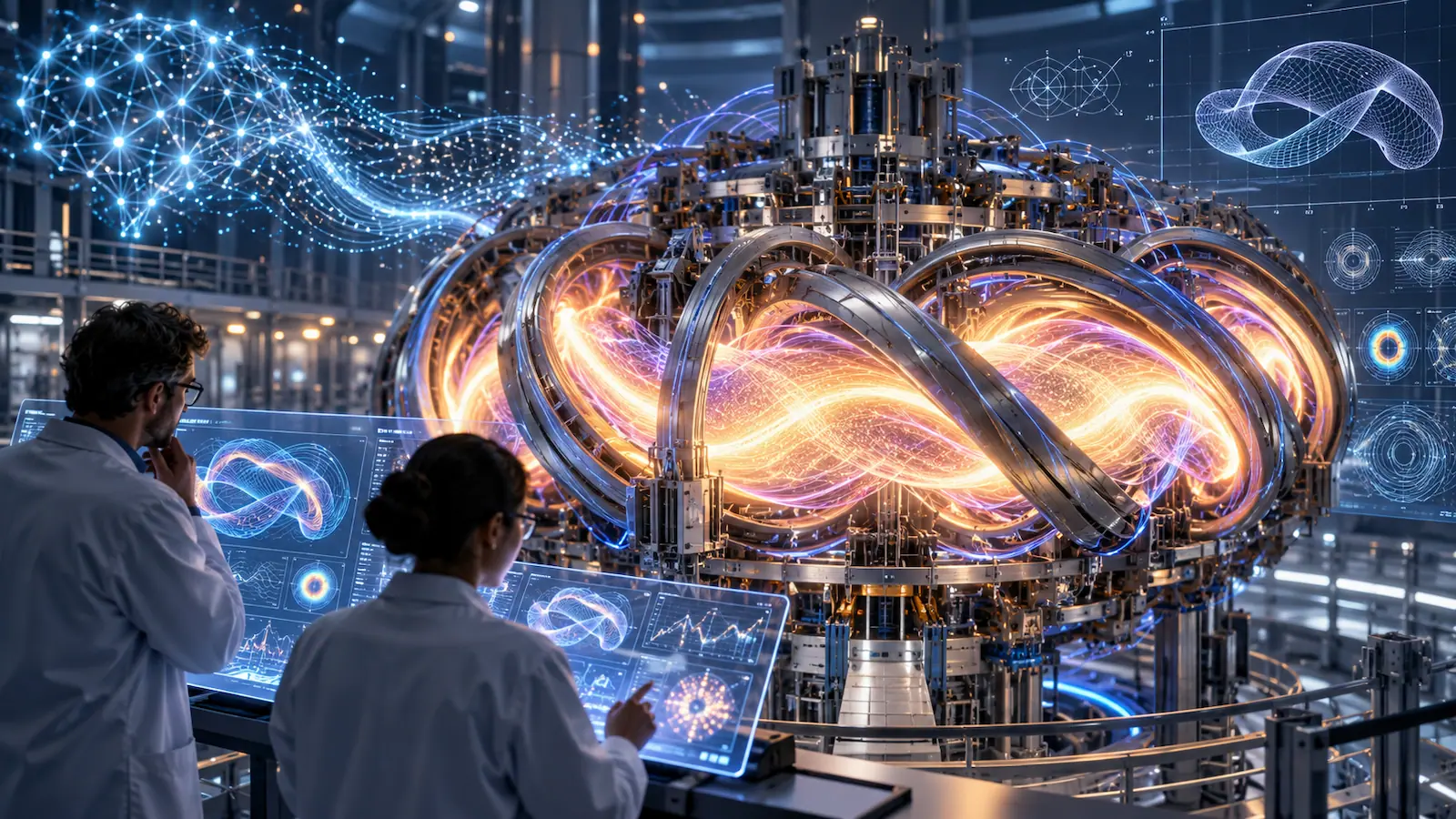 Researchers studying a glowing fusion reactor and magnetic-field diagrams in a futuristic laboratory.