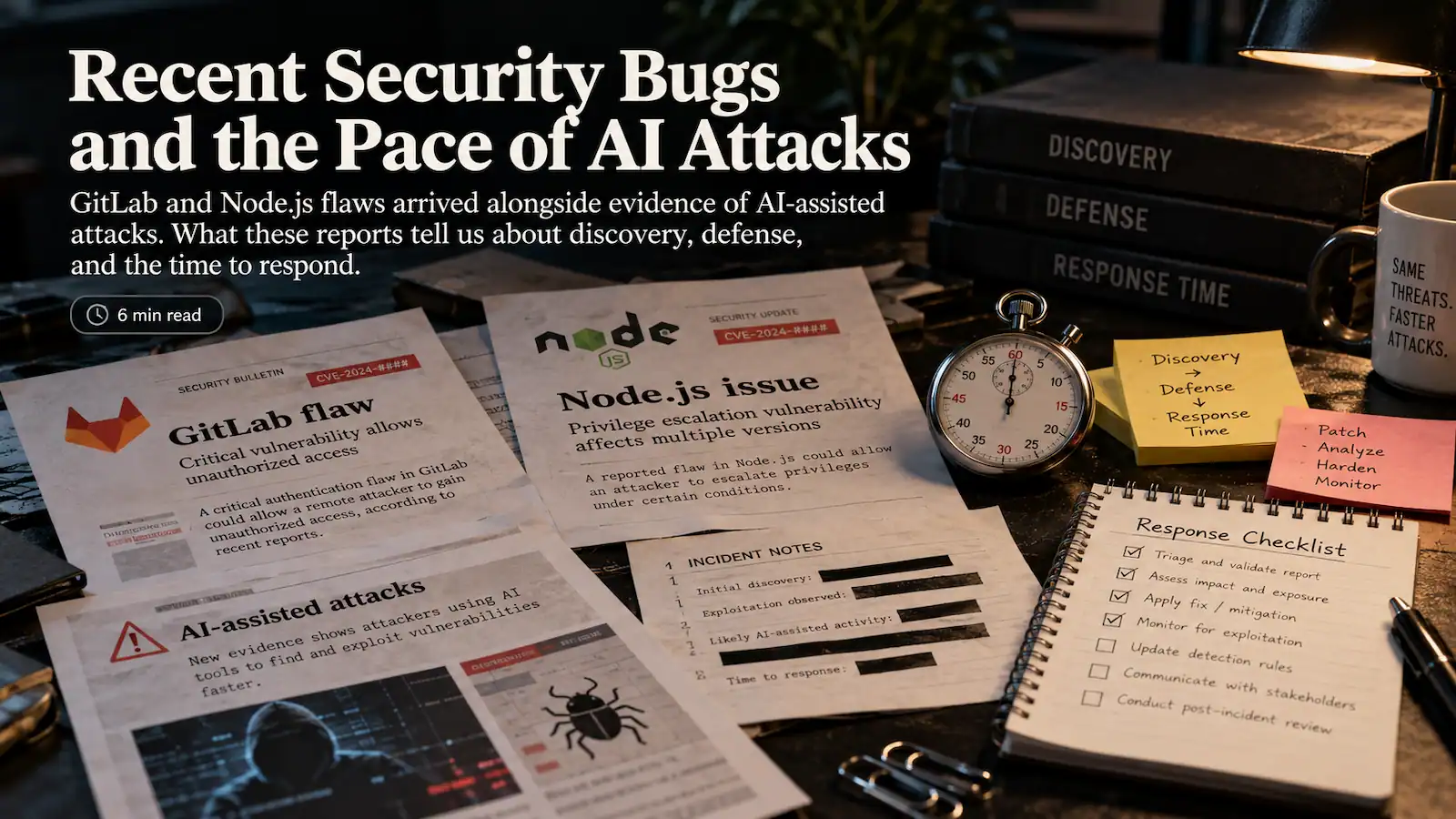 GitLab and Node.js security bulletins beside a stopwatch, incident notes, and a response checklist illustrating the pace of AI-assisted attacks.
