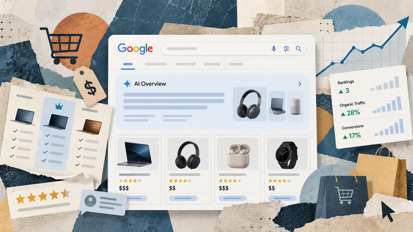 An illustration of Google AI Overviews with product comparisons, shopping cards, and search performance charts.