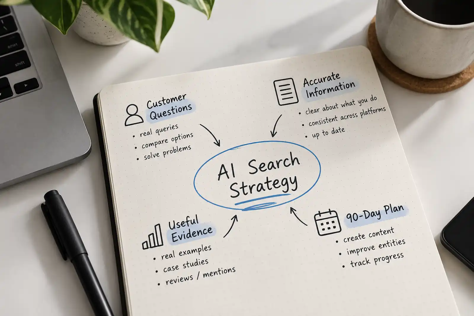 A notebook mapping an AI search strategy to customer questions, accurate information, useful evidence, and a 90-day plan.