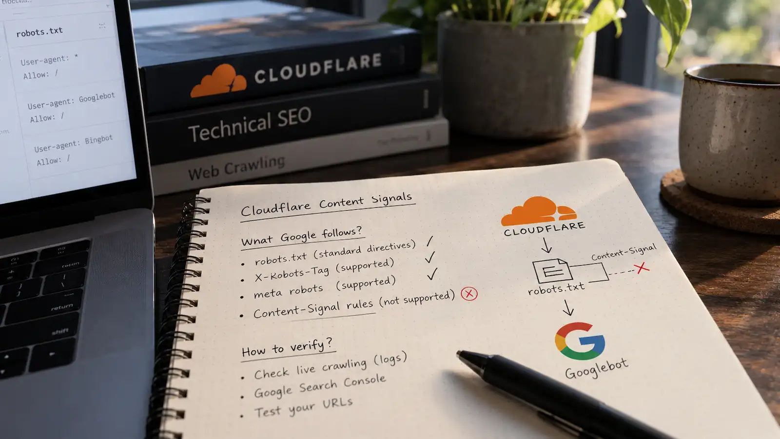 A notebook outlining Cloudflare Content Signals and Google's crawl directives beside a laptop displaying robots.txt.