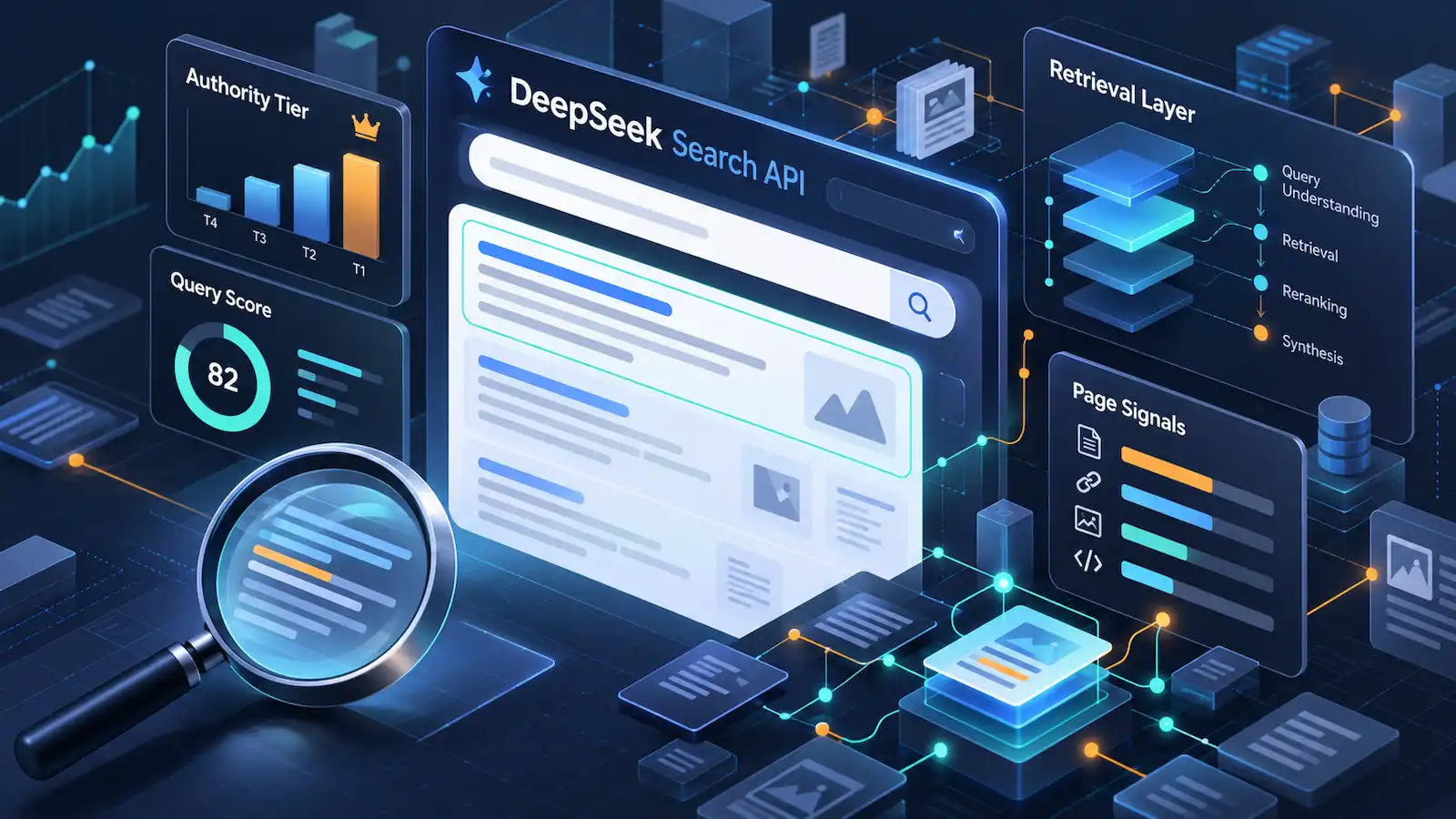 An illustration of DeepSeek Search API results with page authority tiers, query scores, and retrieval layers.