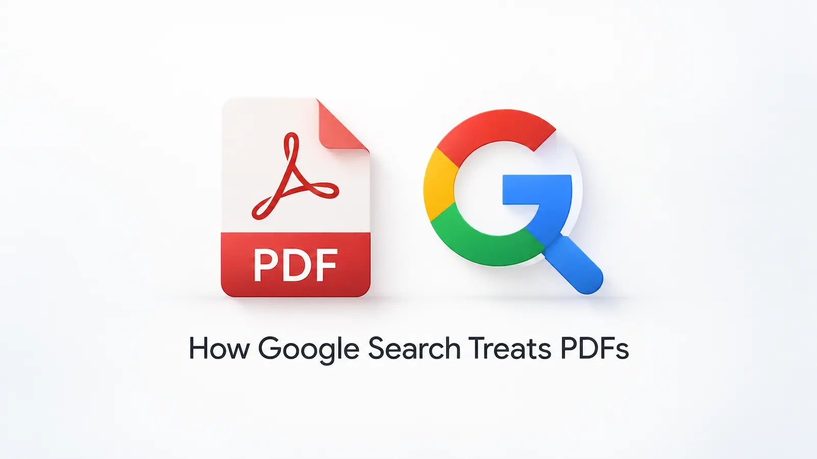 A PDF document icon beside the Google logo and a magnifying glass.