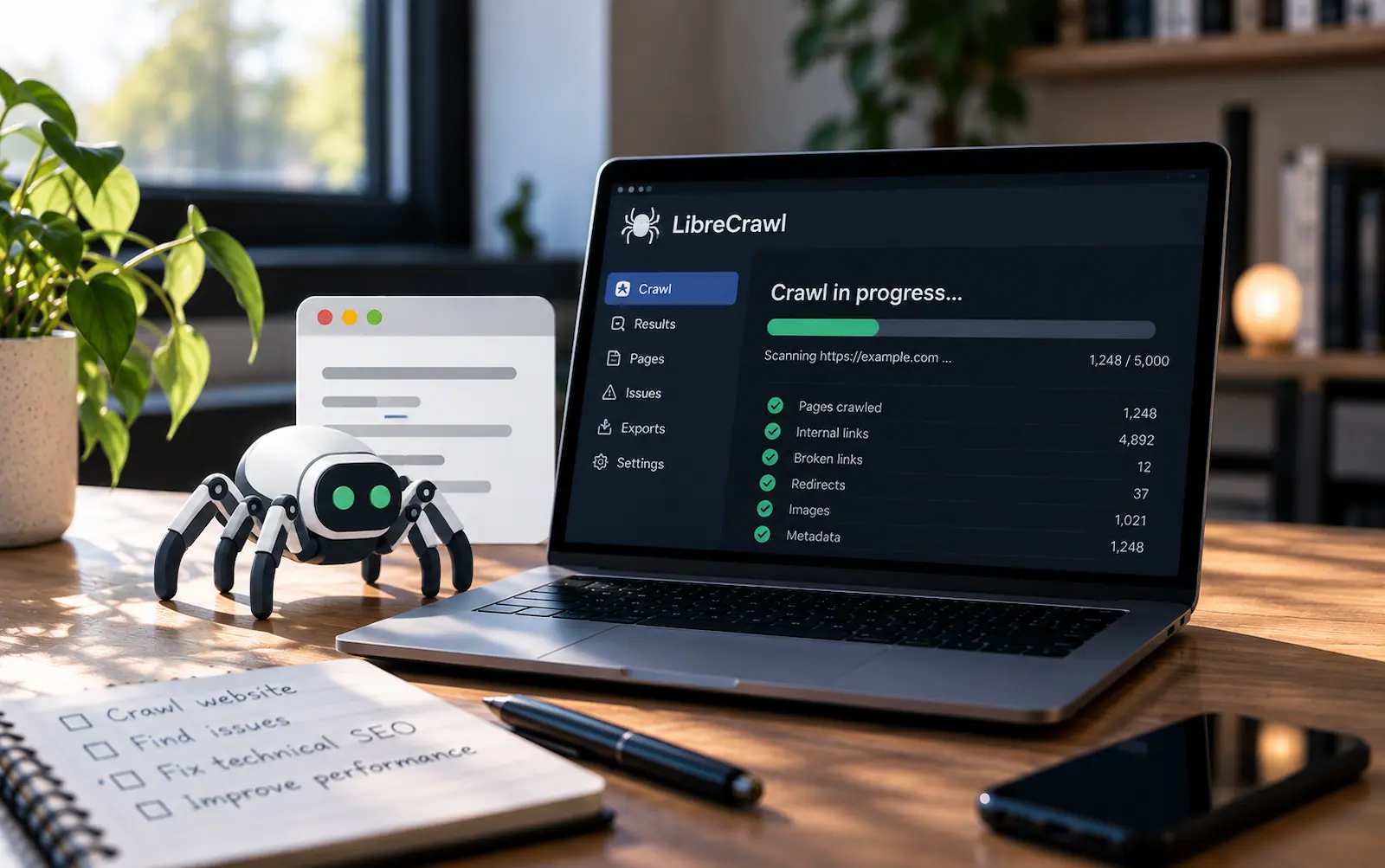 A laptop displaying a LibreCrawl website crawl beside a small spider-shaped robot.