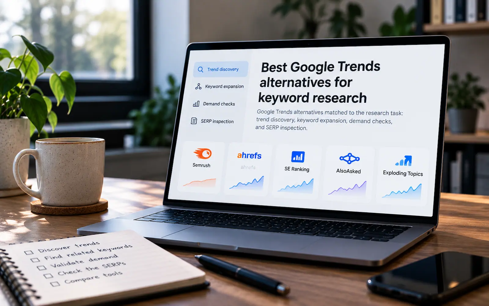 A laptop showing Google Trends alternatives with keyword research tools and trend charts.