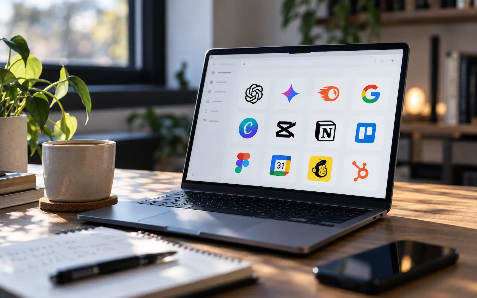 A laptop displaying a grid of AI, design, and marketing tool logos on a sunlit desk.