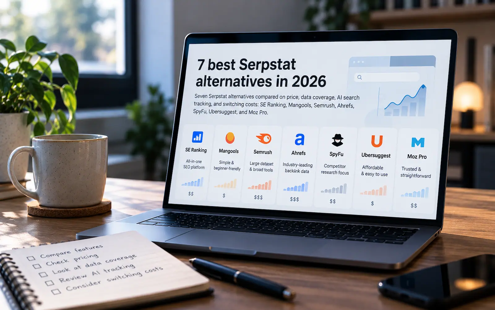 A laptop displaying a comparison of seven Serpstat alternatives beside a notebook and coffee.