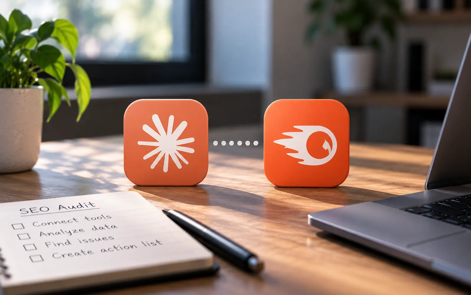 Claude and Semrush icons linked above an SEO audit checklist on a desk.